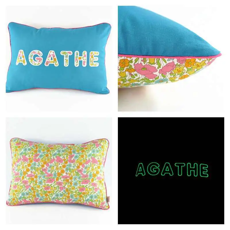 Coussin personnalisé sur commande prénom phosphorescent 