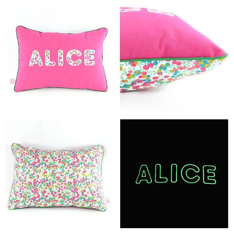 Coussin personnalisé sur commande prénom phosphorescent 