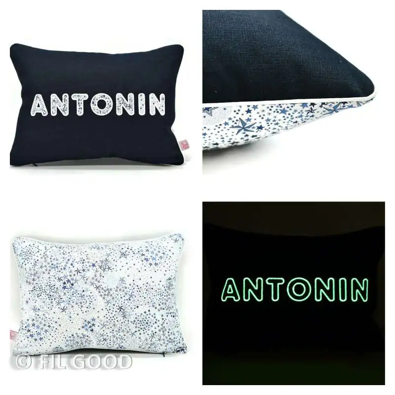 Coussin personnalisé sur commande prénom phosphorescent 