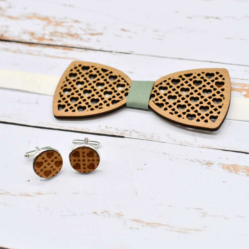 Set Noeud Papillon Bois Et Accessoires - 4 Pièces Fait Main - Cravate, Boutons Manchette, Pochette