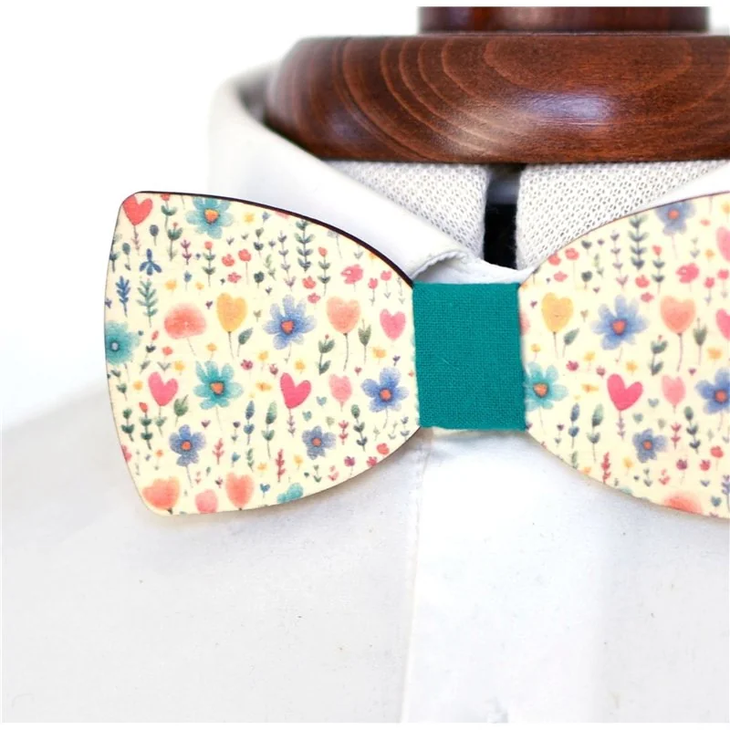 Wooden Bow Tie: Flowers and Hearts